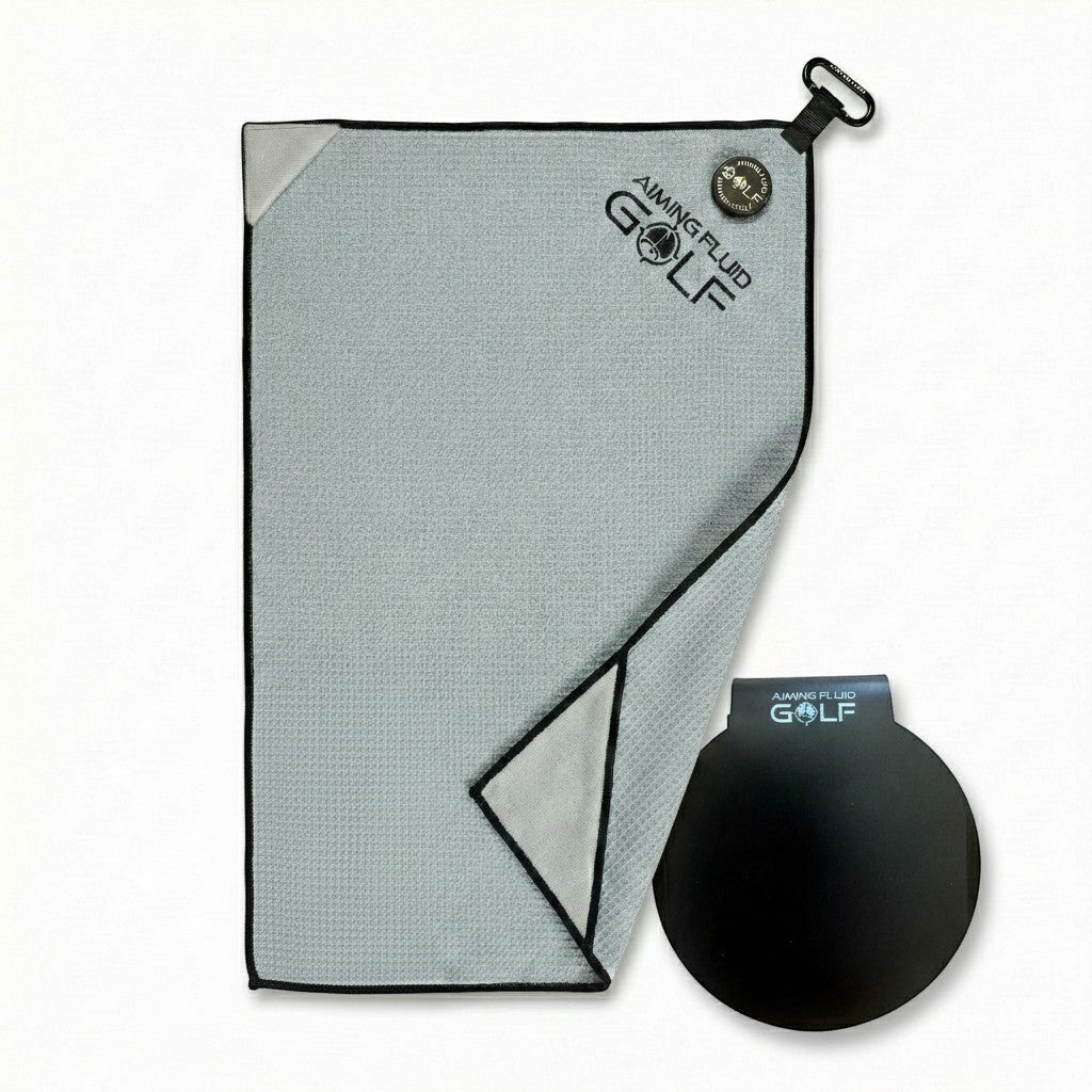 Stubby Magnetic Golf Towel System by Aiming Fluid Golf gray towel with black edge and pad on Tampa Home & Garden Store