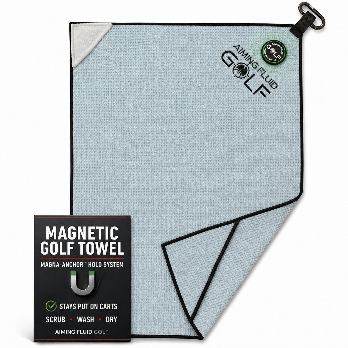 Magnetic Golf Towel Magna-Anchor hold, light blue microfiber with carabiner by Aiming Fluid Golf on Tampa Home & Garden Store