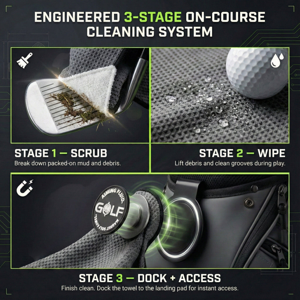 Stubby Magnetic Golf Towel System by Aiming Fluid Golf with landing pad, 3-stage cleaning demo on Tampa Home & Garden Store