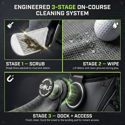 Stubby Magnetic Golf Towel System by Aiming Fluid Golf with landing pad, 3-stage cleaning demo on Tampa Home & Garden Store
