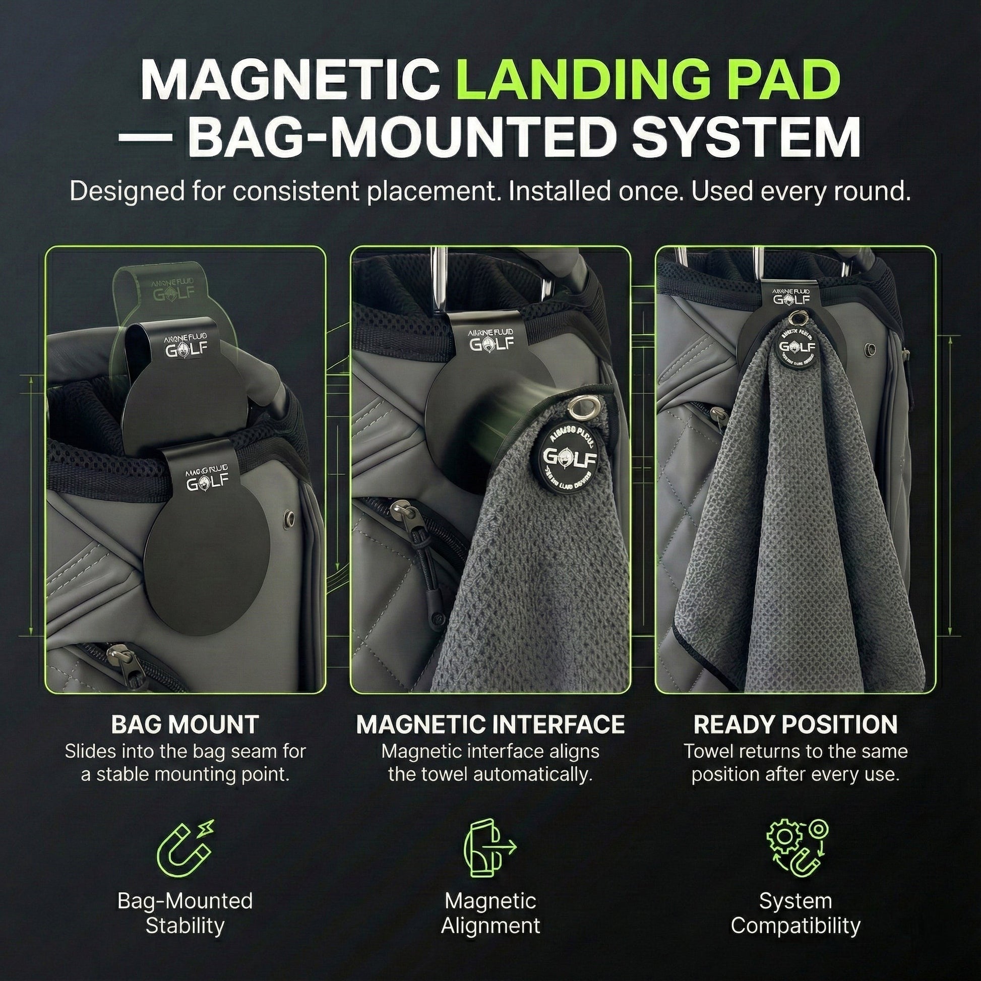 Stubby Magnetic Golf Towel + Landing Pad System bag-mounted with Aiming Fluid Golf branding on Tampa Home & Garden Store