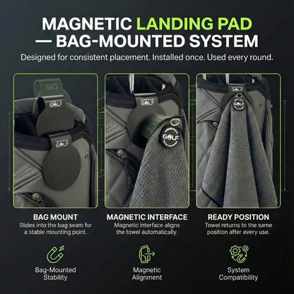 Stubby Magnetic Golf Towel + Landing Pad System bag-mounted with Aiming Fluid Golf branding on Tampa Home & Garden Store