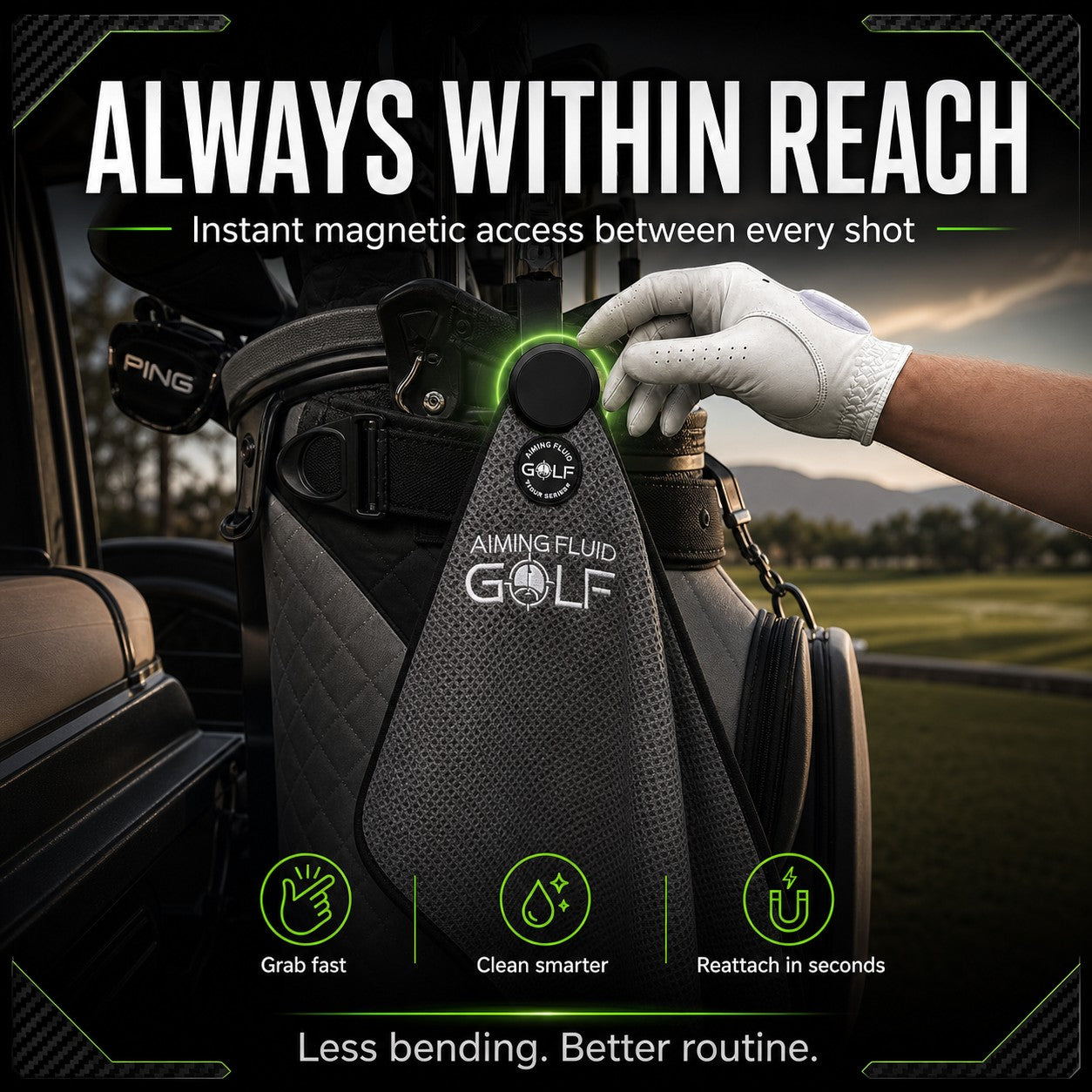 Magna-Anchor Magnetic Golf Towel Stubby 16×24 by Aiming Fluid Golf, gray towel on golf bag on Tampa Home & Garden Store