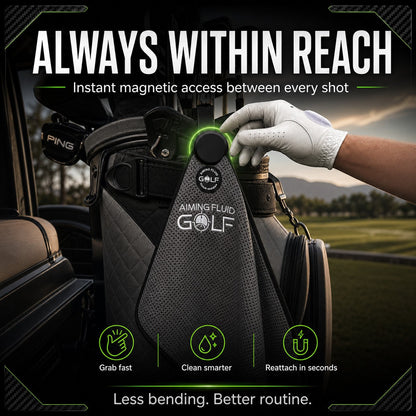 Magna-Anchor Magnetic Golf Towel Stubby 16×24 by Aiming Fluid Golf, gray towel on golf bag on Tampa Home & Garden Store