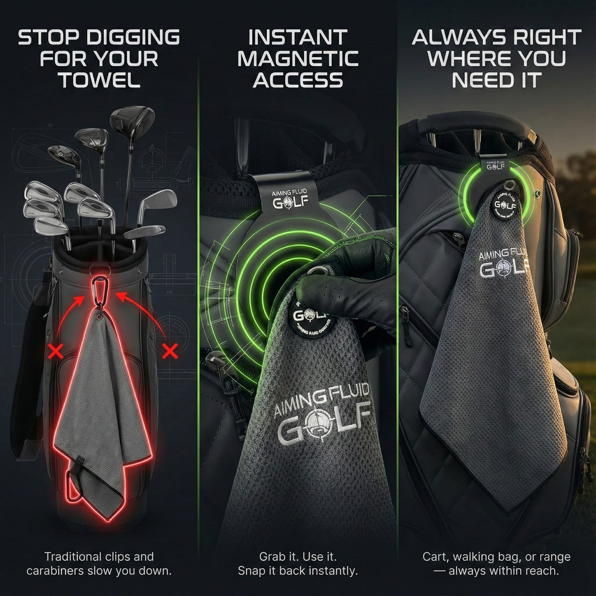 Magnetic golf towel with landing pad system by Aiming Fluid Golf, light-duty design on Tampa Home & Garden Store