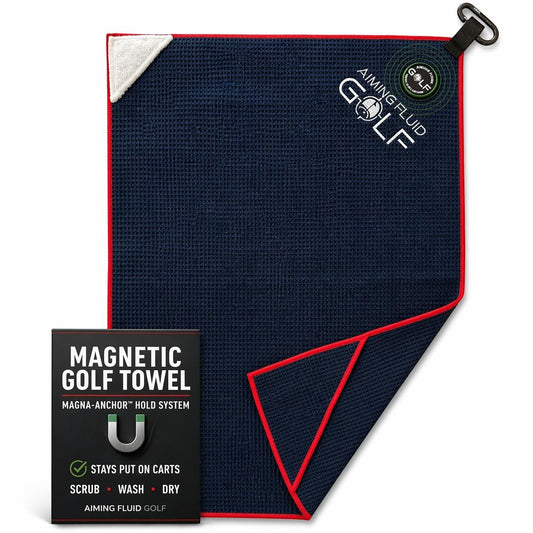 Magna-Anchor Magnetic Golf Towel – Stubby navy blue with red trim, carabiner clip, by Aiming Fluid Golf on Tampa Home & Garden Store
