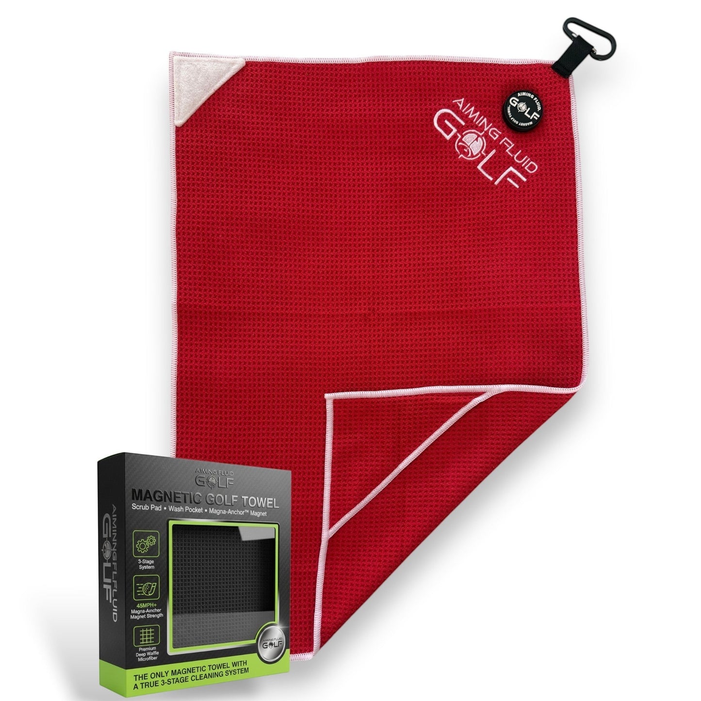 Magna-Anchor Magnetic Golf Towel Stubby 16×24 red textured microfiber with pink trim and magnetic hook on Tampa Home & Garden Store