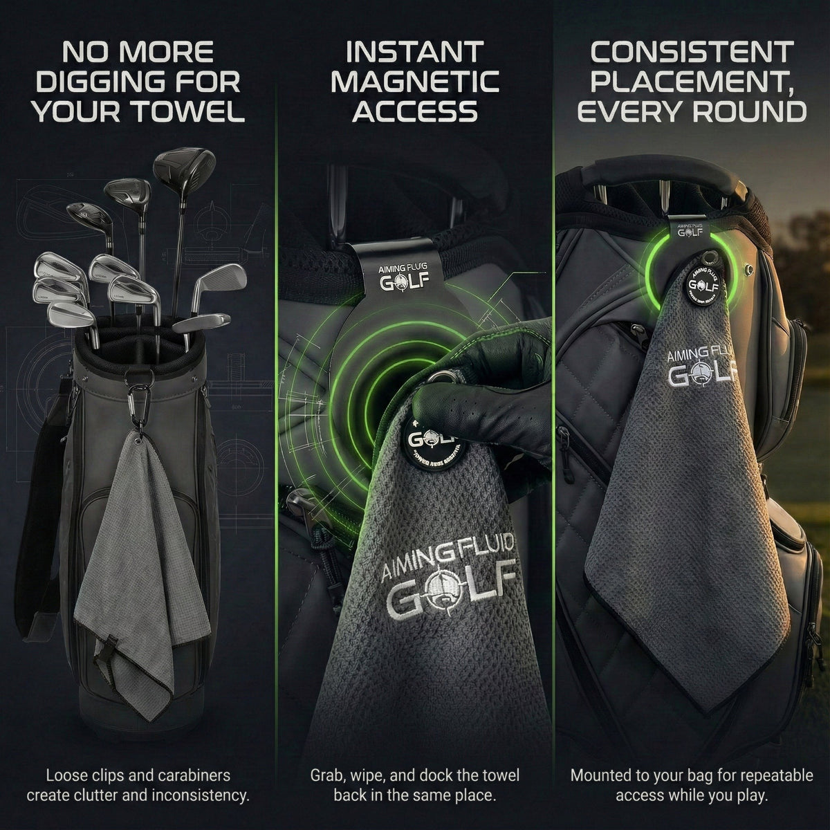 Stubby Magnetic Golf Towel System in golf bag with multiple Aiming Fluid Golf towels and landing pad on Tampa Home & Garden Store