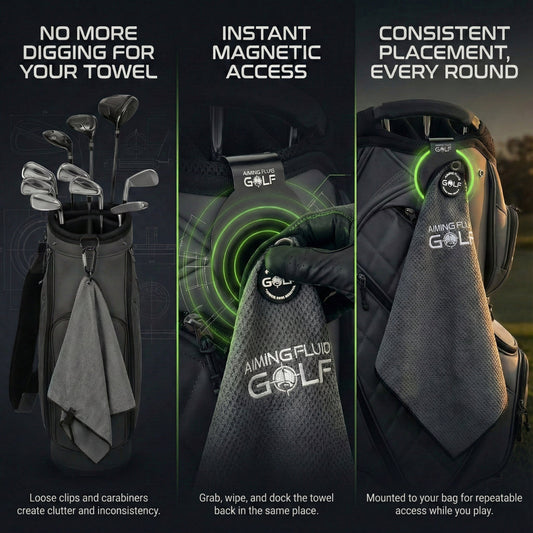 Stubby Magnetic Golf Towel System in golf bag with multiple Aiming Fluid Golf towels and landing pad on Tampa Home & Garden Store