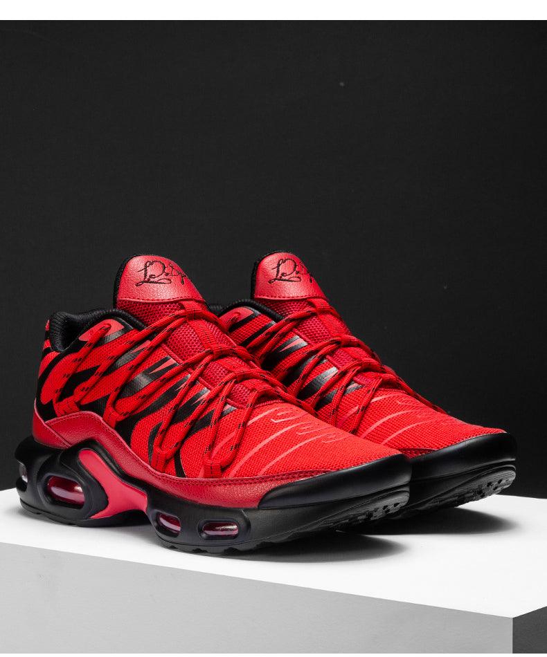 Pair of red air-cushion athletic running shoes for men with black accents, breathable mesh on Tampa Home & Garden Store