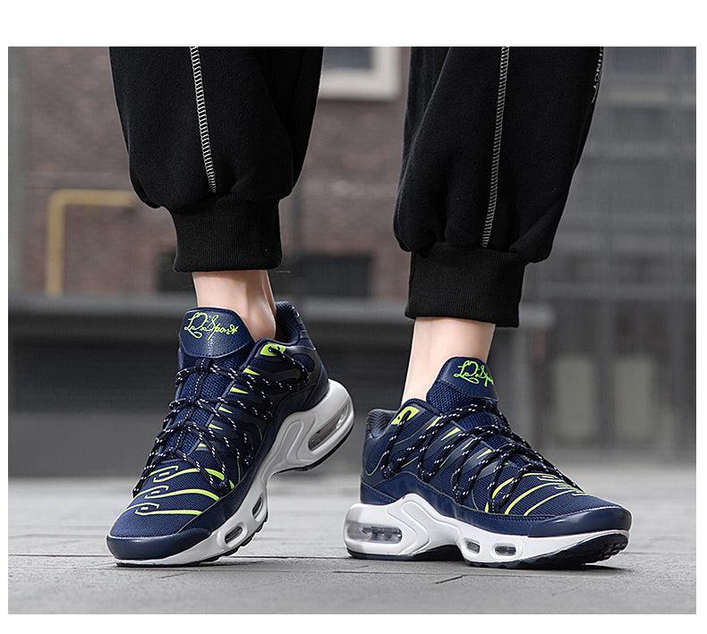 Stevvex Air Cushion men's running shoes navy blue with lime accents, breathable upper pair on Tampa Home & Garden Store
