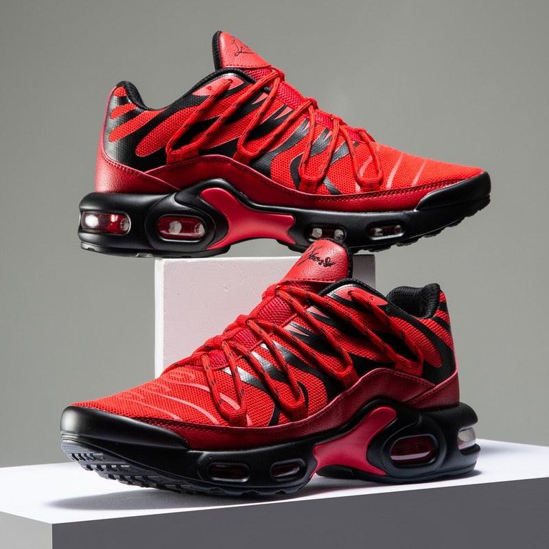 Stevvex Air Cushion Men's Sport Shoes red and black athletic sneakers with visible air soles on Tampa Home & Garden Store