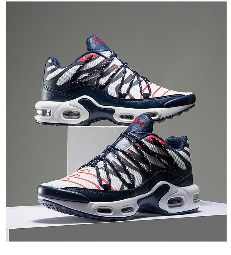 Stevvex Air Cushion Mens Sport Running Shoes pair navy/white mesh upper with red accents on Tampa Home & Garden Store