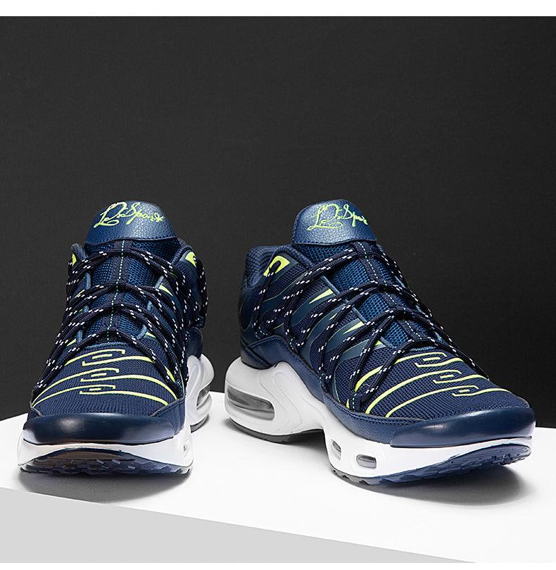 Stevvex Air Cushion Men’s Sport Running Shoes, navy blue breathable sneakers with lime accents on Tampa Home & Garden Store