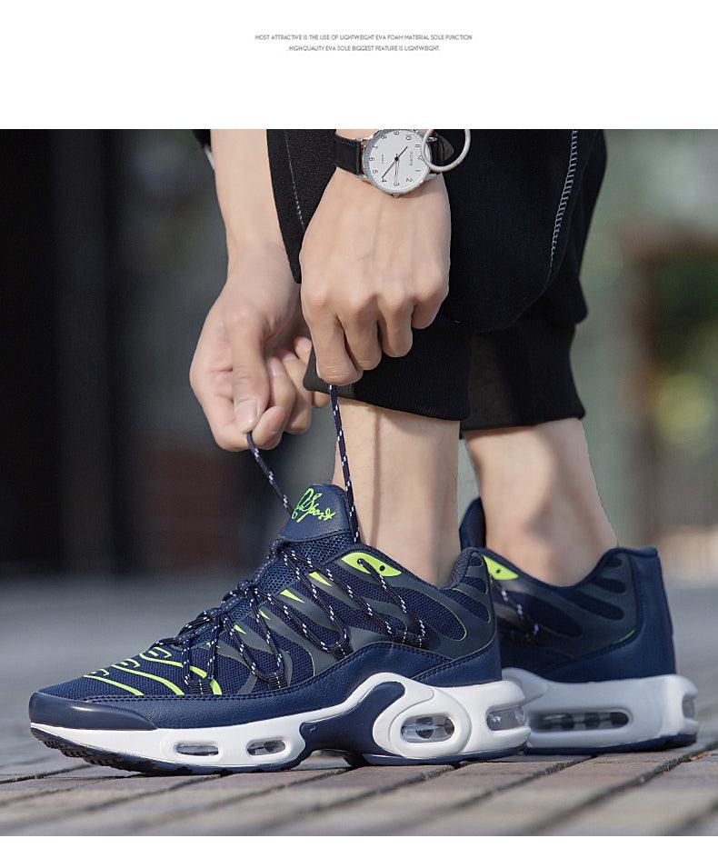 Stevvex Air Cushion running shoes navy blue with neon lime accents, breathable mesh on Tampa Home & Garden Store
