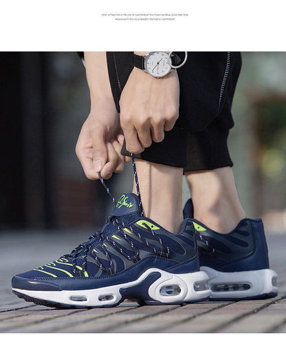 Stevvex Air Cushion running shoes navy blue with neon lime accents, breathable mesh on Tampa Home & Garden Store