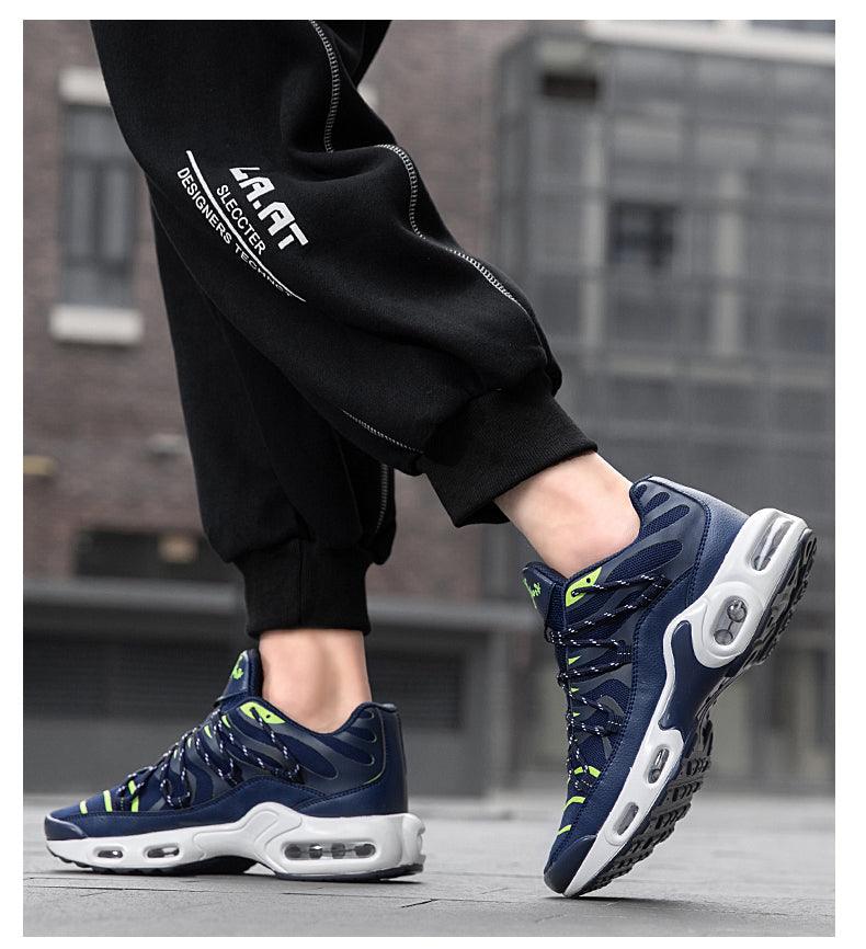 Stevvex Air Cushion men's sport running shoes navy blue with neon green accents, breathable on Tampa Home & Garden Store