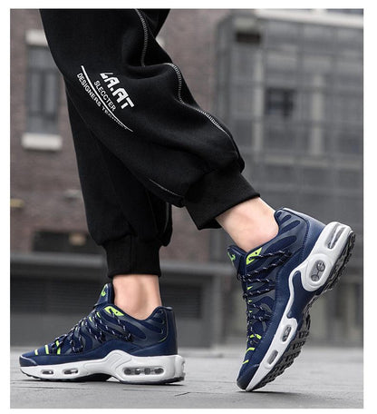 Stevvex Air Cushion men's sport running shoes navy blue with neon green accents, breathable on Tampa Home & Garden Store