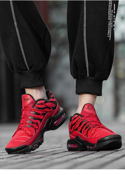 Stevvex red air-cushion running shoes, pair with breathable mesh upper and black sole on Tampa Home & Garden Store