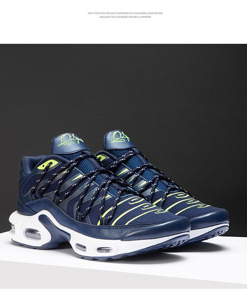 Air Cushion Men Running Shoes Stevvex navy blue with lime accents, breathable athletic sneakers on Tampa Home & Garden Store