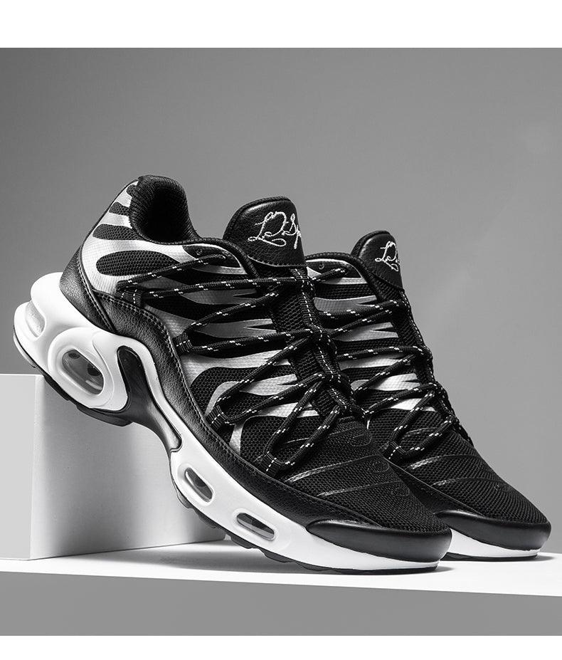 Air Cushion men’s running shoes, black/white mesh upper with air sole, Stevvex sneakers pair on Tampa Home & Garden Store