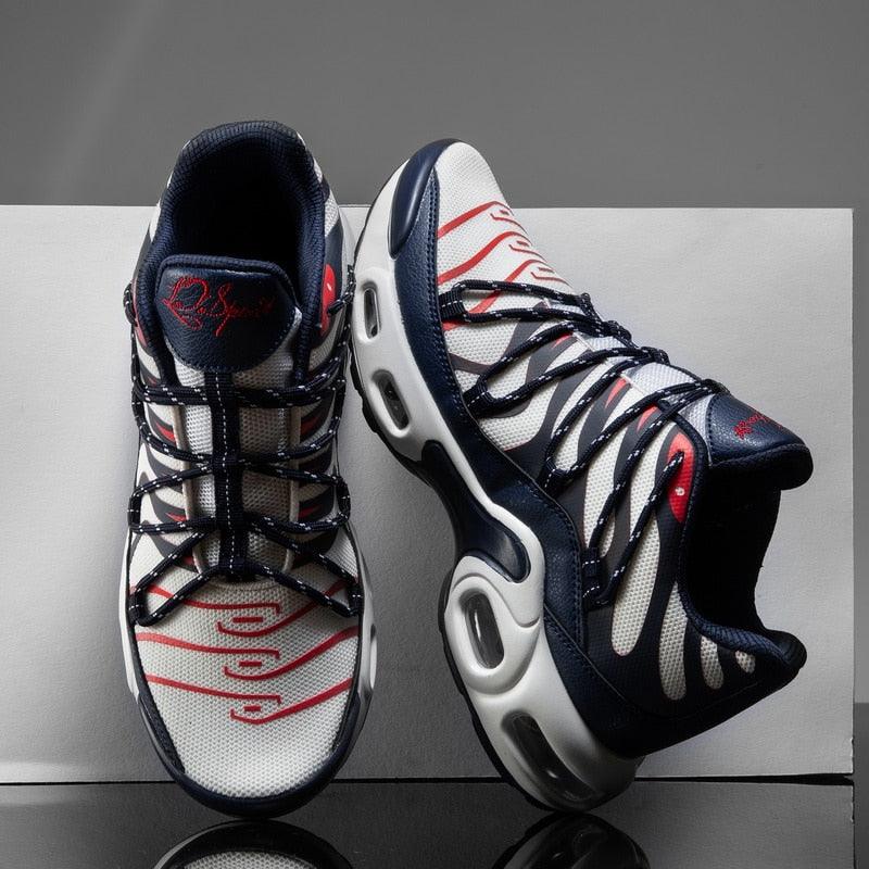 Stevvex Air Cushion Mens Sneakers pair, white navy mesh with visible air sole on Tampa Home & Garden Store