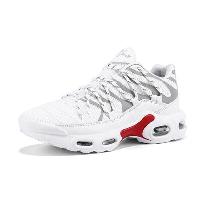 Stevvex men's white air-cushion sneakers with breathable mesh upper and red midsole accent on Tampa Home & Garden Store