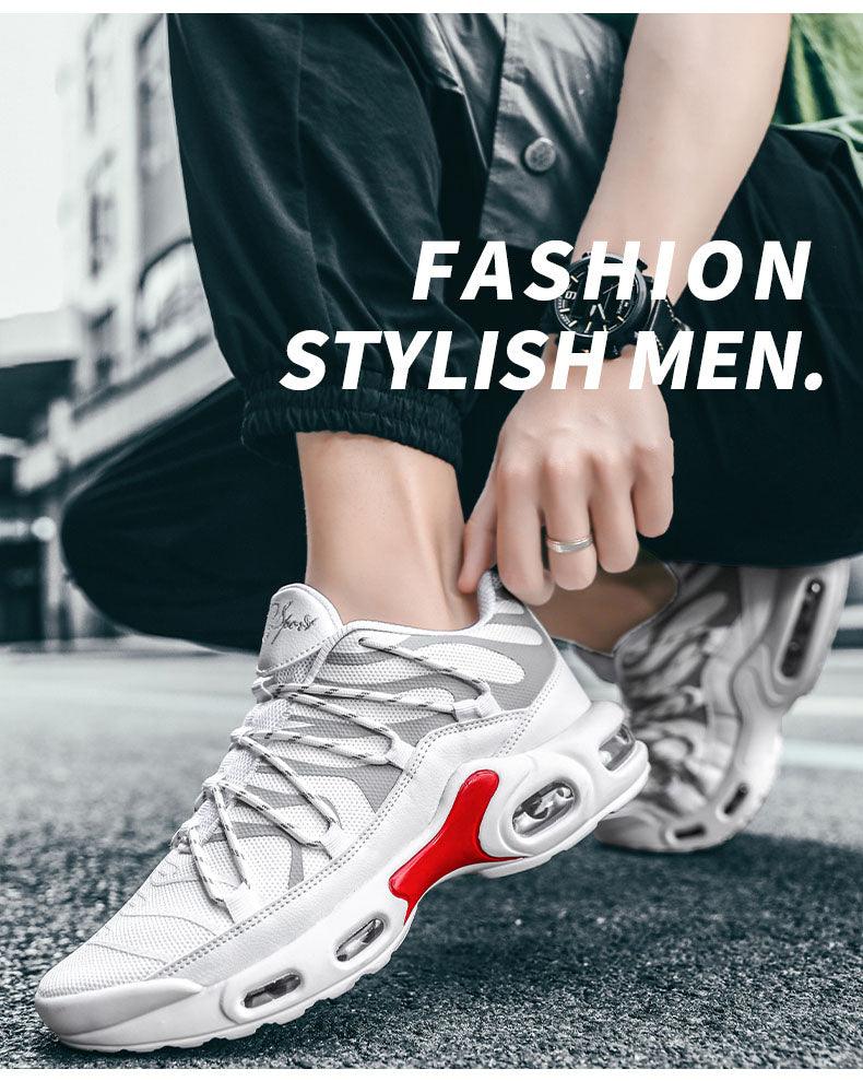 Stevvex air cushion mens sneakers, white/gray mesh with red accent sole, breathable non-slip on Tampa Home & Garden Store