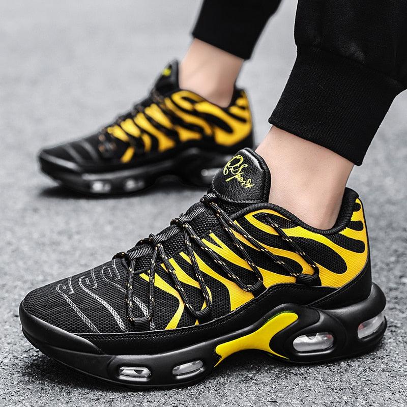 Stevvex Air Cushion Sneakers pair black-yellow tiger stripe, breathable, non-slip on Tampa Home & Garden Store