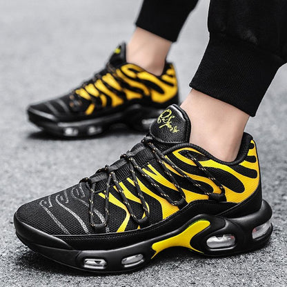Stevvex Air Cushion Sneakers pair black-yellow tiger stripe, breathable, non-slip on Tampa Home & Garden Store