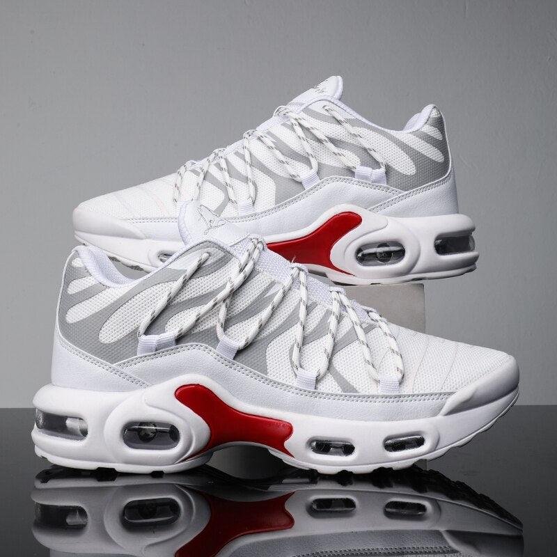 Stevvex Air Cushion Sneakers white gray breathable mesh with red sole accents, pair on Tampa Home & Garden Store