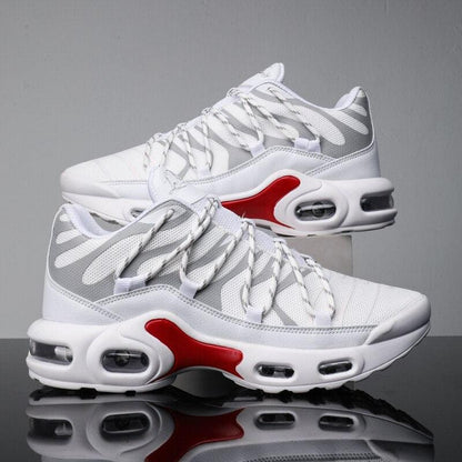 Stevvex Air Cushion Sneakers white gray breathable mesh with red sole accents, pair on Tampa Home & Garden Store