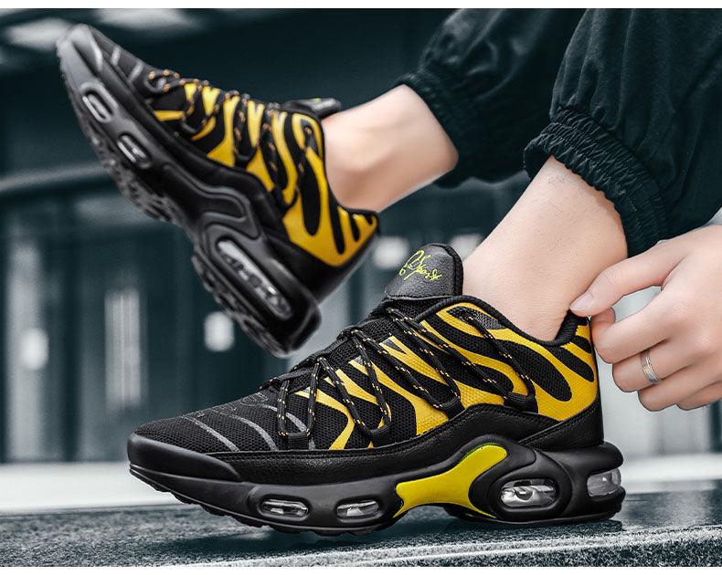 Stevvex Air Cushion sneakers, black/yellow tiger pattern, breathable mesh, non-slip running shoes on Tampa Home & Garden Store