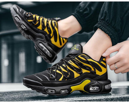 Stevvex Air Cushion sneakers, black/yellow tiger pattern, breathable mesh, non-slip running shoes on Tampa Home & Garden Store
