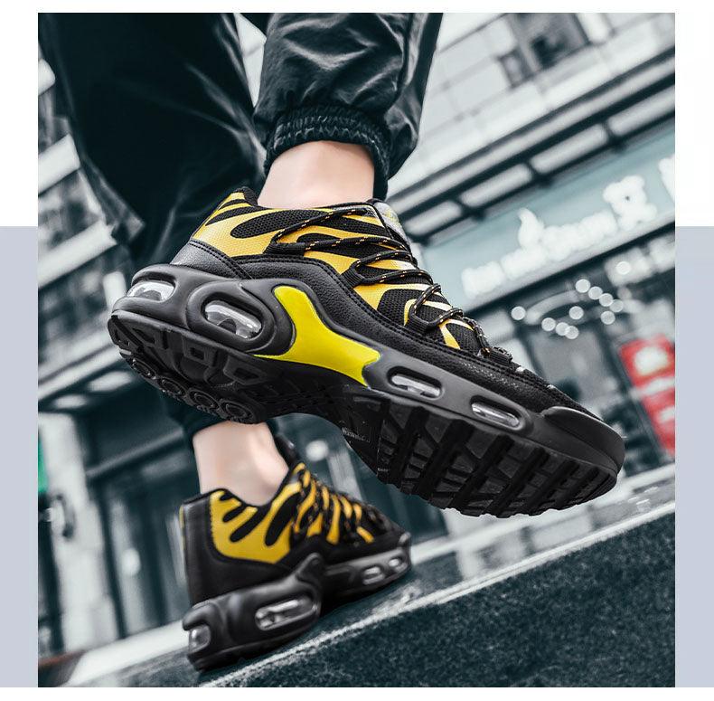 Stevvex Air Cushion Mens Sneakers, black yellow pair, breathable non slip gym shoes on Tampa Home & Garden Store