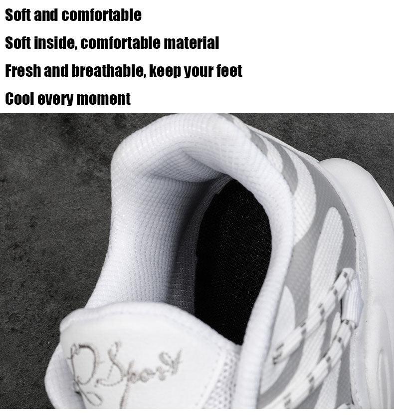 White air cushion sneakers with padded collar and gray side stripes on Tampa Home & Garden Store