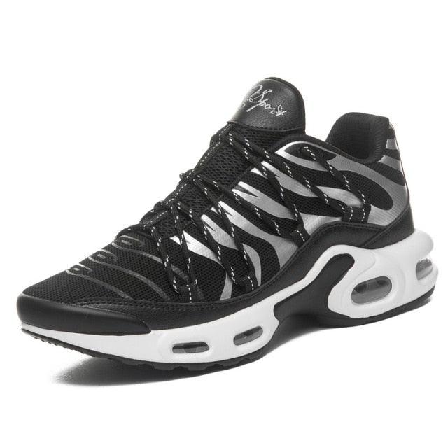 Stevvex men's air cushion sneakers with black mesh upper, gray overlays and white sole on Tampa Home & Garden Store