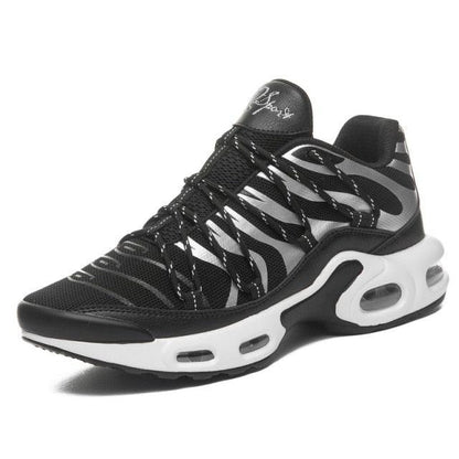 Stevvex men's air cushion sneakers with black mesh upper, gray overlays and white sole on Tampa Home & Garden Store