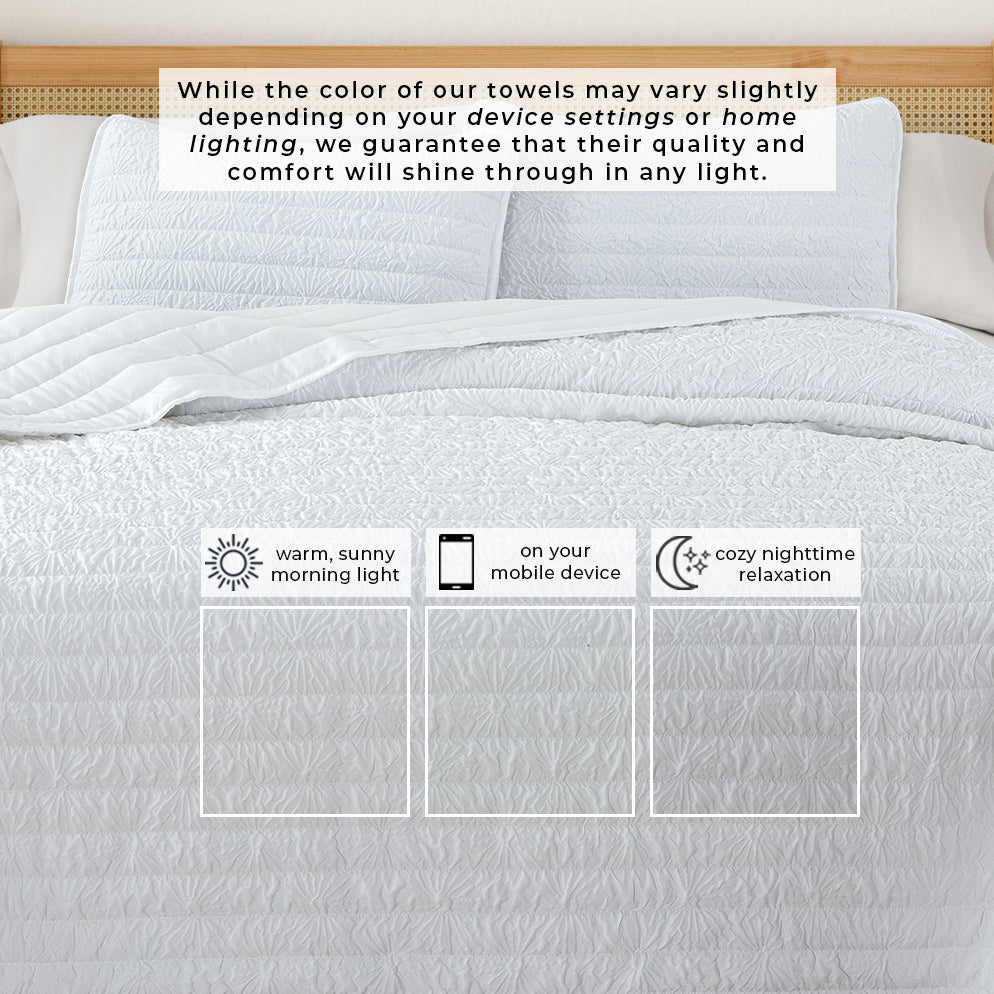 Crisp White Floral Embossed Quilt Set Reversible