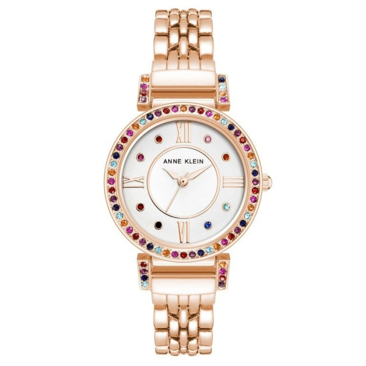 Anne Klein Women's Classic rose gold watch with multicolor gemstone bezel and white dial on Tampa Home & Garden Store