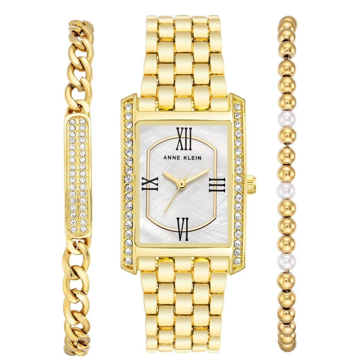 Anne Klein Women's Classic gold-tone rectangular watch with crystal bezel and two bracelets on Tampa Home & Garden Store