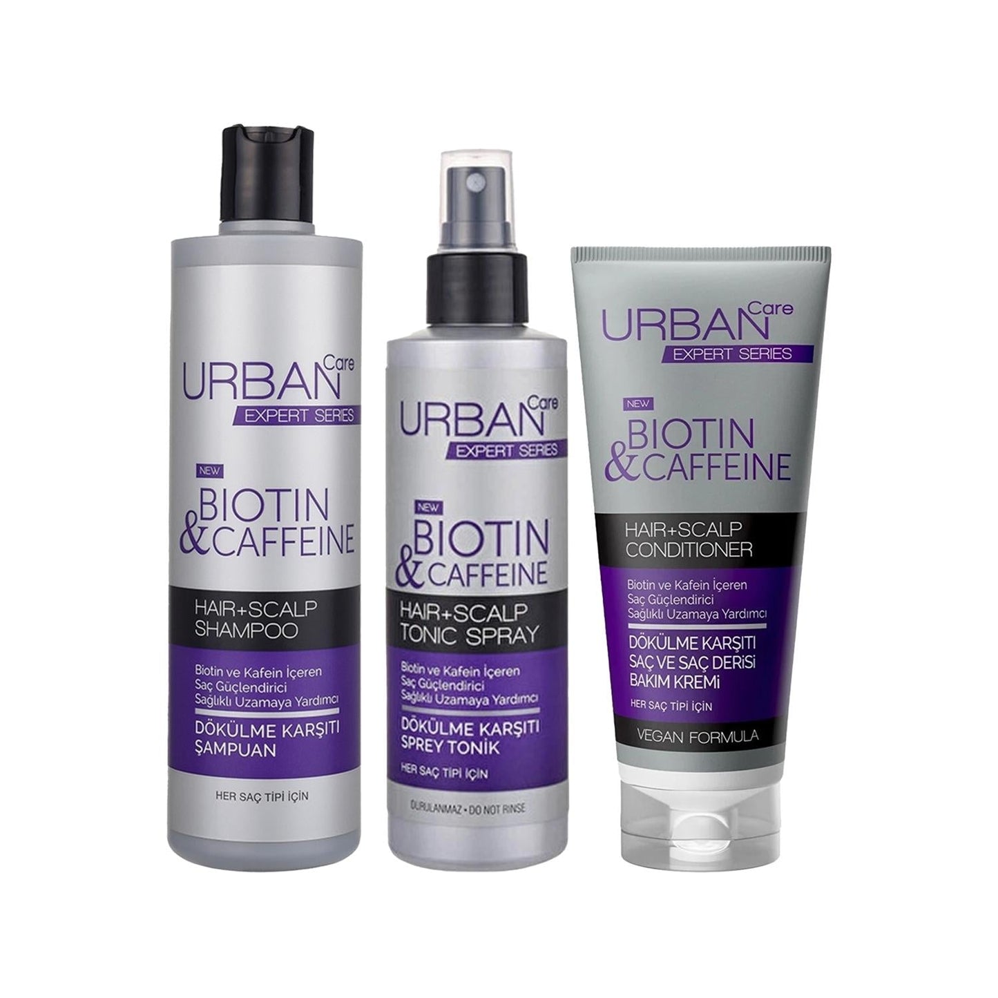 URBAN Biotin & Caffeine Hair Care Set: shampoo, tonic spray, conditioner in silver bottles on Tampa Home & Garden Store