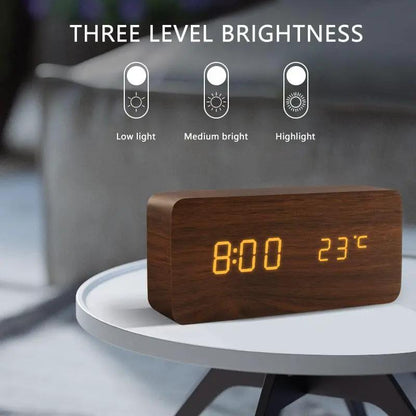 Wooden Alarm Clock With LED Display and 3 Alarms