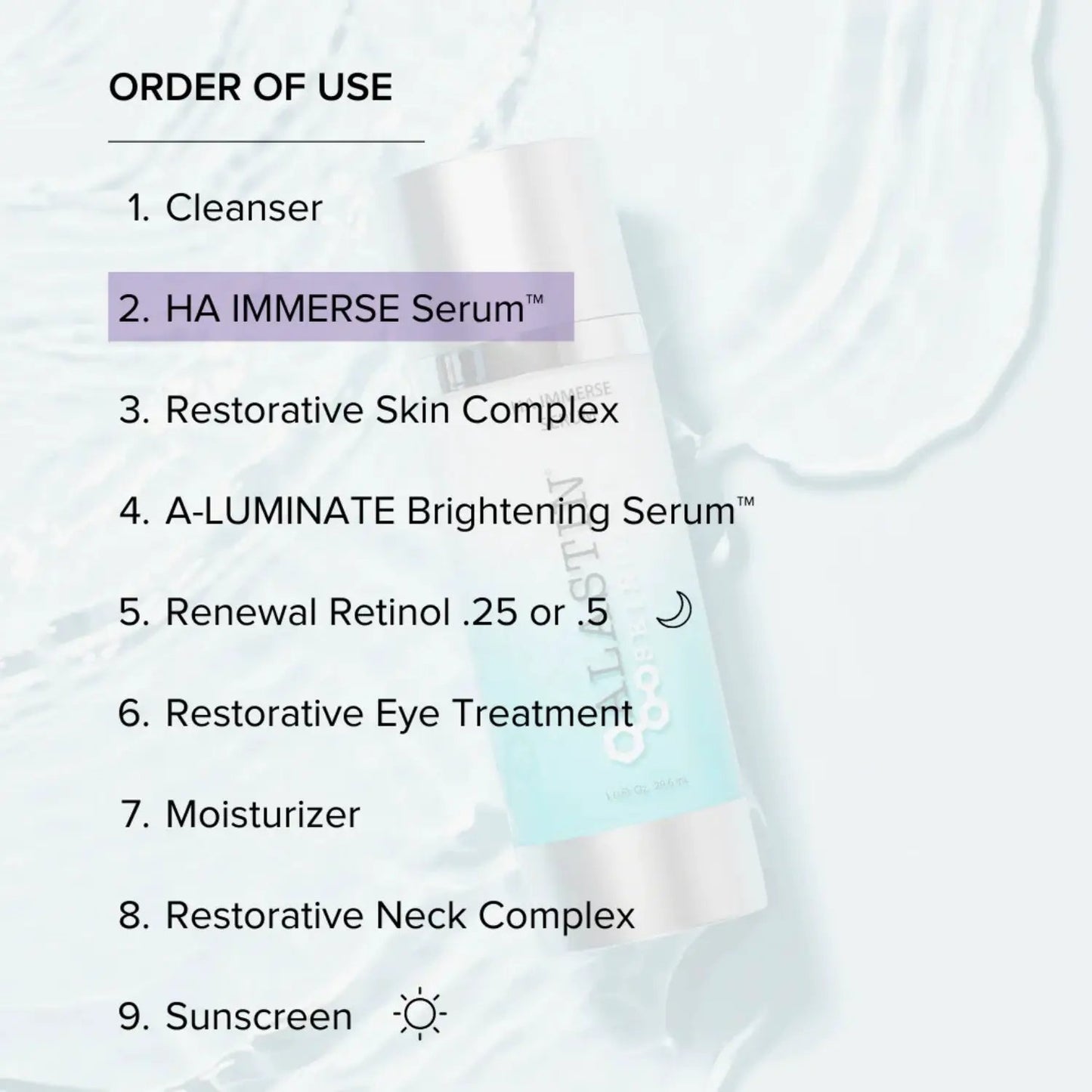 Alastin Skincare HA IMMERSE Serum 1 oz shown in an order-of-use guide, blue bottle with purple highlight on Tampa Home & Garden Store