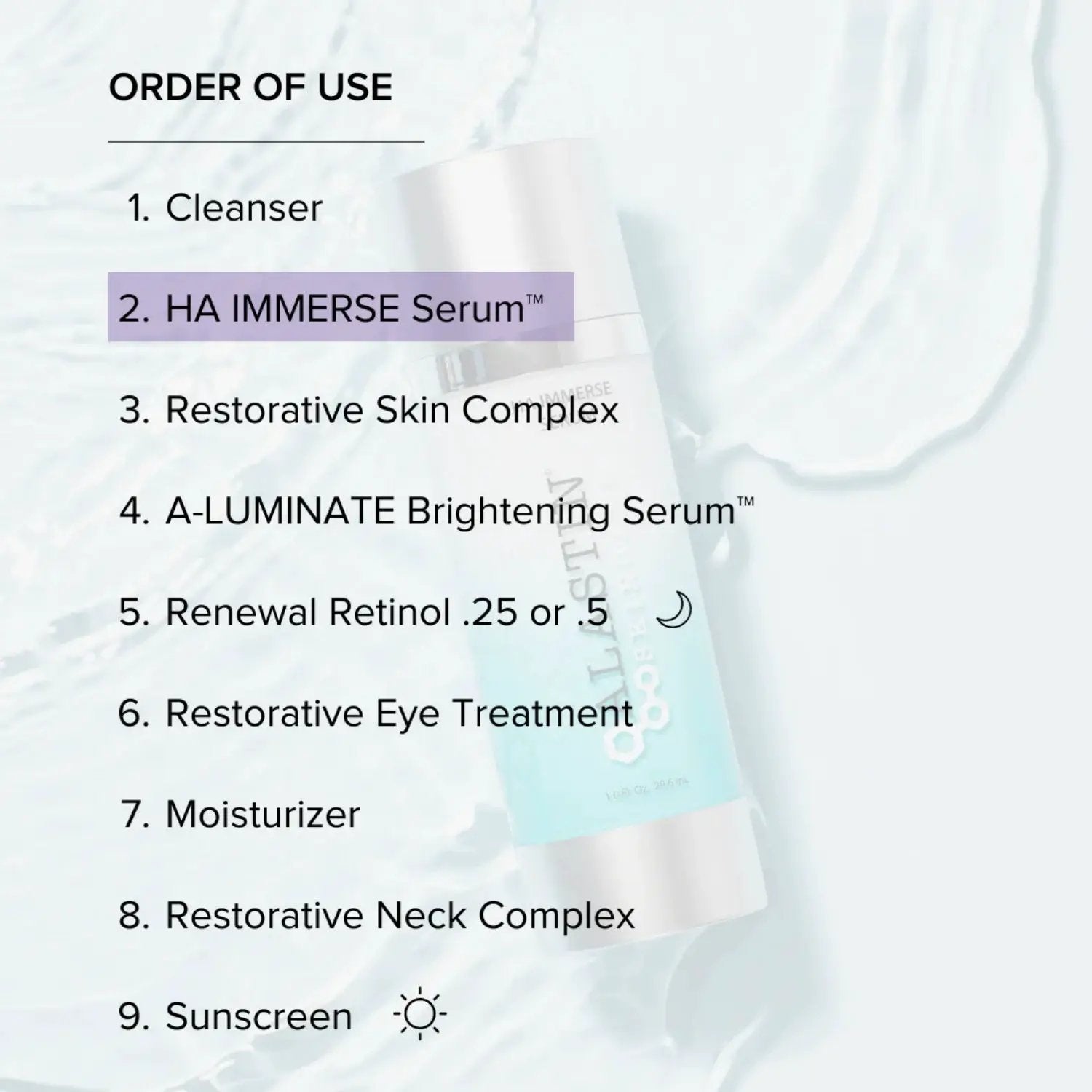 Alastin Skincare HA IMMERSE Serum 1 oz shown in an order-of-use guide, blue bottle with purple highlight on Tampa Home & Garden Store