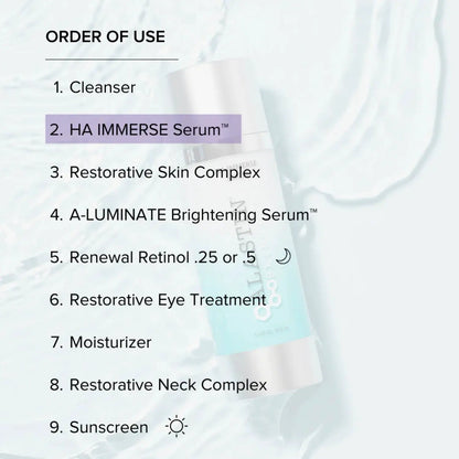 Alastin Skincare HA IMMERSE Serum 1 oz shown in an order-of-use guide, blue bottle with purple highlight on Tampa Home & Garden Store