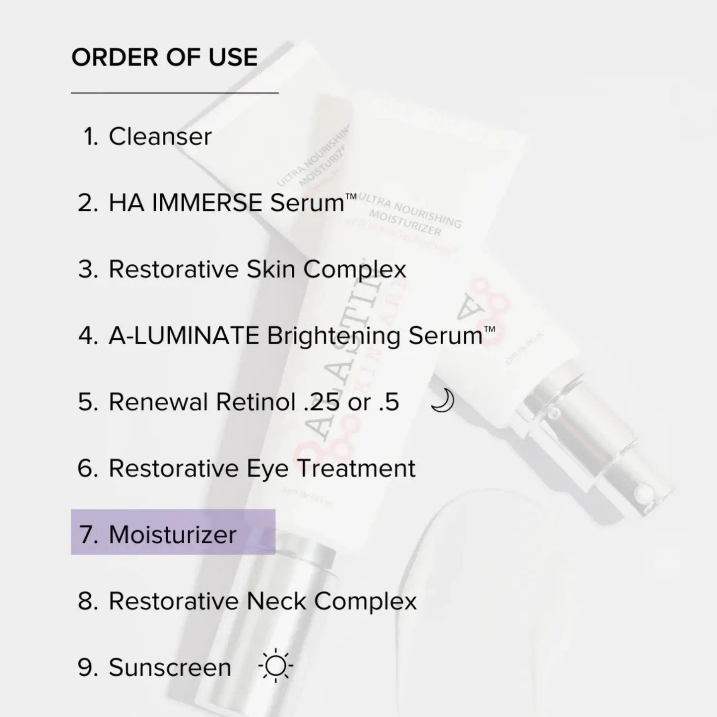Alastin Skincare Ultra Nourishing Face Moisturizer Cream order-of-use guide; moisturizer step highlighted in purple background on Tampa Home & Garden Store