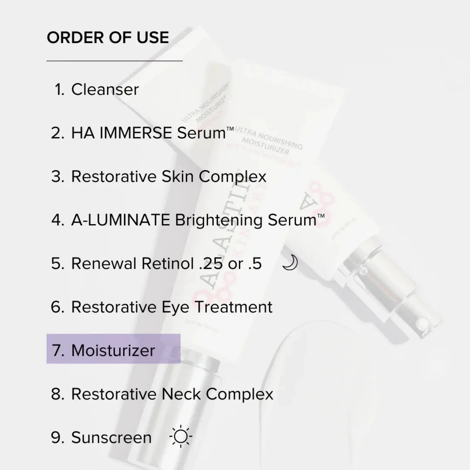 Alastin Skincare Ultra Nourishing Face Moisturizer Cream order-of-use guide; moisturizer step highlighted in purple background on Tampa Home & Garden Store