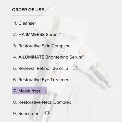 Alastin Skincare Ultra Nourishing Face Moisturizer Cream order-of-use guide; moisturizer step highlighted in purple background on Tampa Home & Garden Store