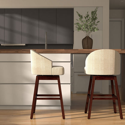 Juego de 2 taburetes giratorios para barra con patas de madera de caucho y respaldo acolchado - Beige